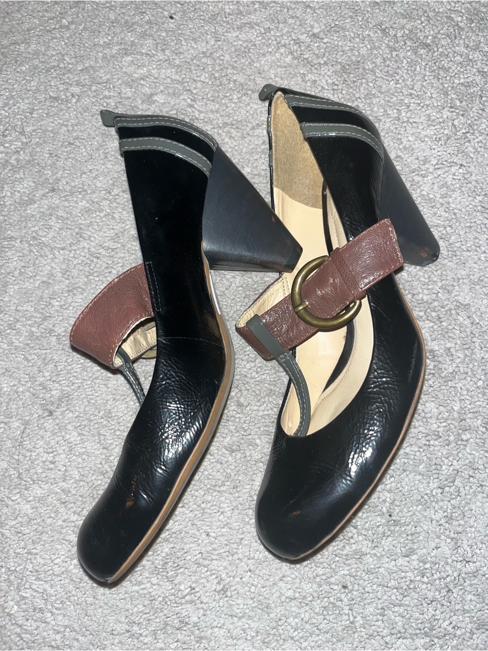 Clarks Black Leather Mary Jane Heels with Brown Strap - Picture 4 of 6
